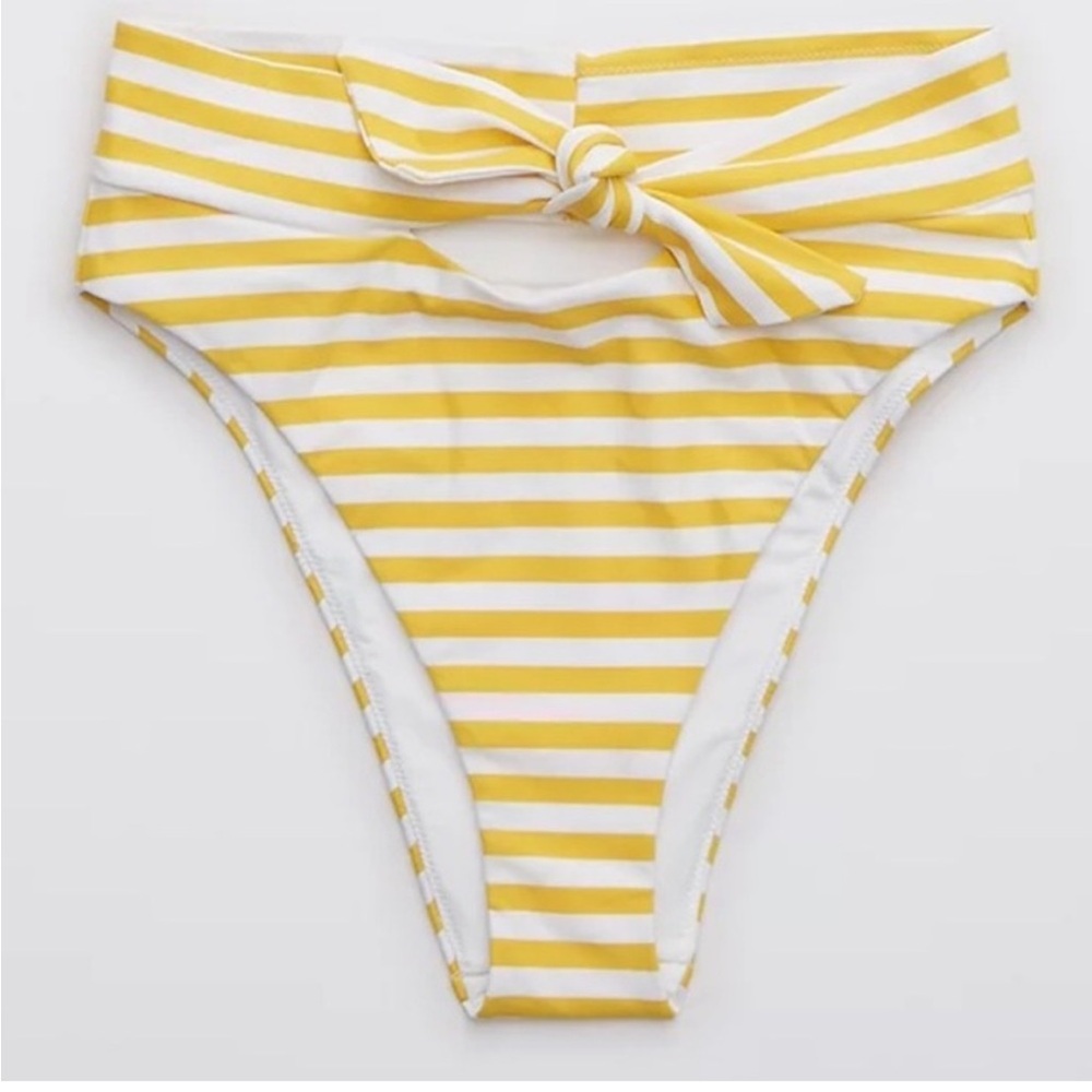 NWT Aerie Cut Out Tie High Cut Cheeky Bikini Bottoms Yellow White Stripes XL